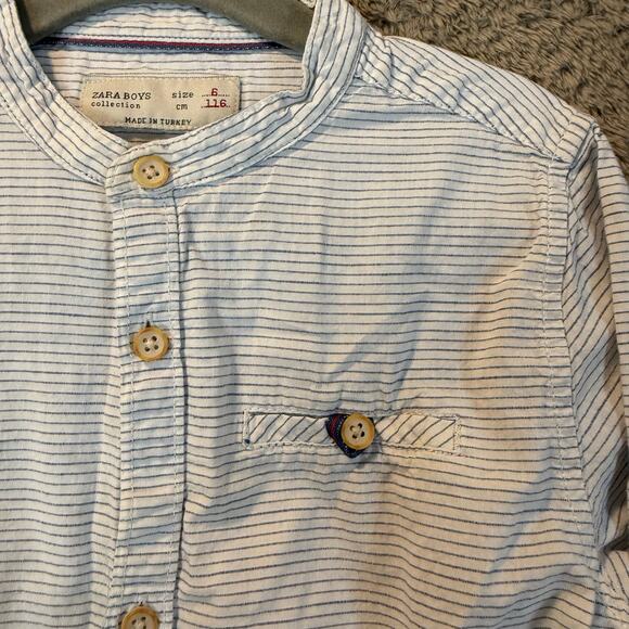 Zara Boys Sz 6 Striped Collarless Mandarin Collar Button Down Shirt Blue White - Picture 5 of 10